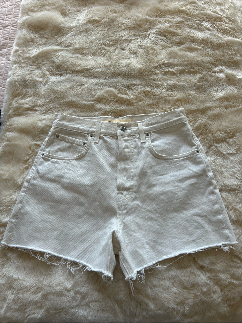 GRLFRND White High-Rise Raw Hem Denim Shorts